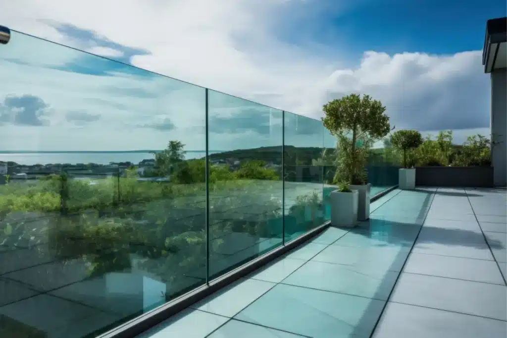 glass railing with trees in background
