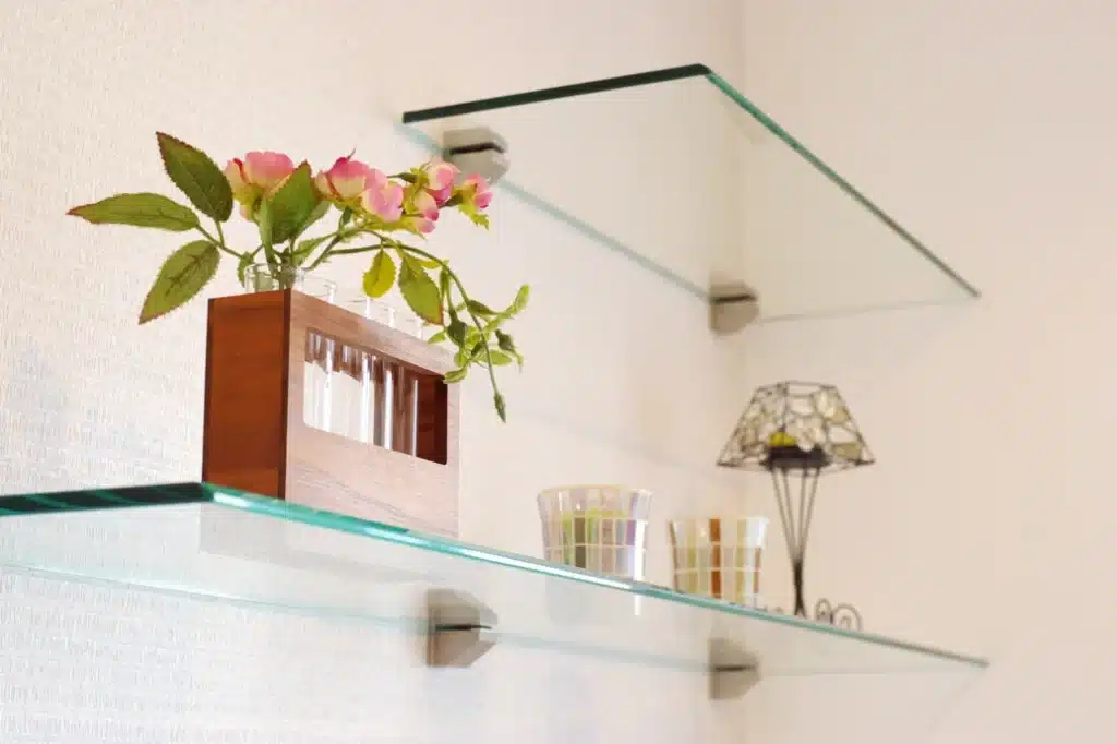 glass shelves with decorations